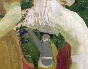Bautismo de Cristo, detalle de la sección derecha que representa a un hombre preparándose para el bautismo de Piero della Francesca