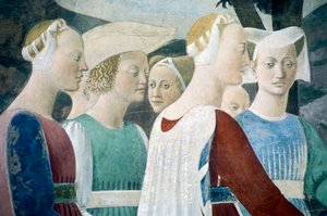 (Detalle) de La Leyenda de la Vera Cruz mostrando la adoración de la madera y el encuentro de la Reina de Saba y el Rey Salomón, por Piero della Francesca
