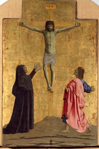 Políptico de la Misericordia: la Virgen de la Misericordia, rodeada de santos (detalle de la crucifixión con la inscripción "INRI" en la cruz) de Piero della Francesca