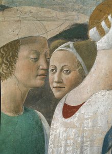 La Leyenda de la Vera Cruz, la Reina de Saba Adorando la Madera de la Cruz (detalle) de Piero della Francesca