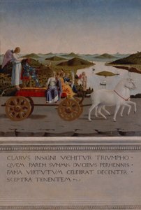 Triunfo de Federigo da Montefeltro, duque de Urbino; Federigo y las cuatro Virtudes Cardinales en un carro triunfal tirado por unicornios blancos, Victoria alada sosteniendo la corona ducal, pintado después de 1474 de Piero della Francesca