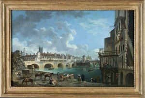 Vista del Quai de Gesvres en el momento de la demolición de las casas del Pont au Change, hacia 1788 (óleo)