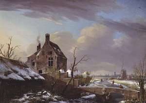 Paisaje de invierno con figuras junto a un puente de Pierre François De Noter