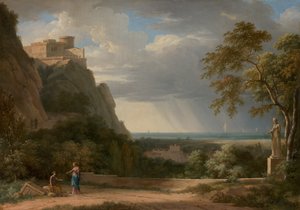 Paisaje clásico con figuras y escultura