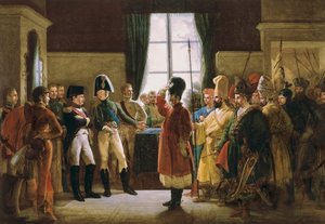 Alejandro I presentó a Napoleón I, los Kalmycks, los Cosacos y los Baskirs del ejército ruso el 9 de julio. de Pierre Nolasque Bergeret