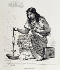 Hilado de algodón, de "Las antiguas ciudades del Nuevo Mundo", de Claude-Joseph-Desire Charnay, pub. 1887 (grabado) de Pierre (after) Fritel