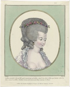 Coiffures, Pufs, Sombreros y Gorros: Once Coiffures y Tocados
Gallerie des Modes et Costumes Français, 1781, oo 218 : Coëffure nouvelle le devant (...)