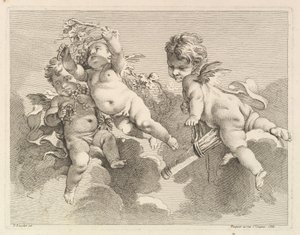 Tres amores, uno sosteniendo un carcaj, el otro, uvas de Pierre Alexandre Aveline