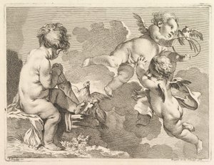 Tres Amores, uno de los cuales está sentado, sosteniendo un carcaj de Pierre Alexandre Aveline