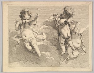 Tres amores, uno de los cuales sostiene una flecha de Pierre Alexandre Aveline
