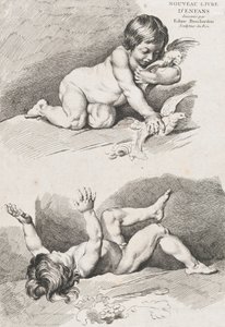 Dos niños desnudos jugando con una hoja, del Nuevo Libro de Niños, 1720-60