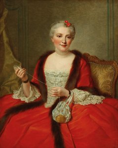 Retrato de una dama elegante, sosteniendo una lanzadera de tejido, 1751 de Pierre Allais
