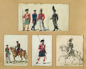 Los uniformes de los soldados escoceses y oficiales prusianos, ingleses, hanoverianos y rusos en 1814 de Pierre Antoine Lesueur