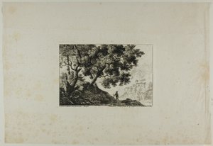 Paisaje con hombre portando bastón