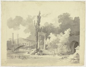 Vista del parque de Versalles: Puente arqueado con columnas