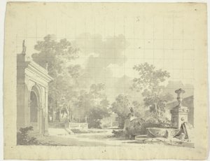 Vista del parque de Versalles: Entrada arqueada a una terraza, urnas y estatuas en ruinas de Pierre Antoine Mongin