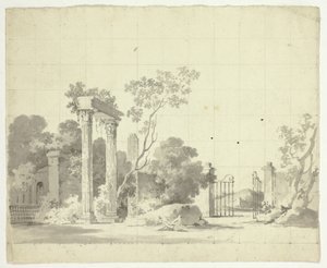 Vista del parque de Versalles: Columnas en ruinas y una puerta de hierro abierta