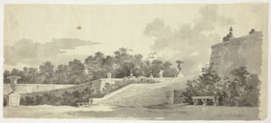 Vista del parque de Versalles: Escalera, Urnas y Topiarios