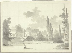 Vista del parque de Versalles: Escalera a la terraza con templo y columna de Pierre Antoine Mongin