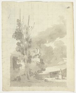 Vista del parque de Versalles: Terraza, árboles y estatua ecuestre