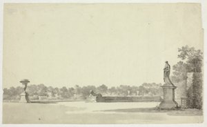 Vista del parque de Versalles: Terraza con urna, esfinge y estatua femenina