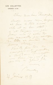 Carta Autógrafa Firmada a Dr. Fritz Thurneyssen, París y Les Collettes, 24 de Junio de 1908 de Pierre Auguste Renoir