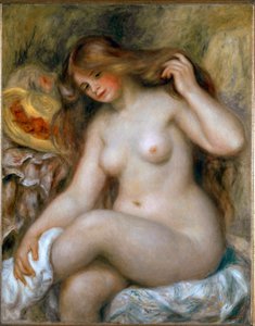 Bañista rubia. Mujer desnuda con cabello muy largo