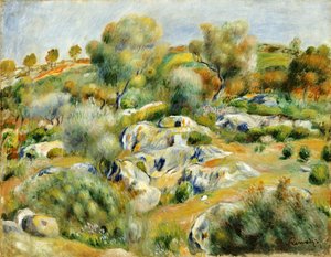 Paisaje de Bretaña con árboles y rocas de Pierre Auguste Renoir