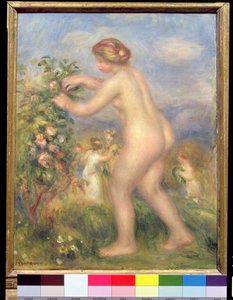 Desnudo femenino recogiendo flores