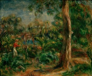 El gran árbol. Mujer con corsé rojo en el jardín de Ca de Pierre Auguste Renoir