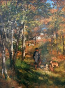 El pintor Jules Le Coeur y sus perros en el bosque de Fontainebleau de Pierre Auguste Renoir