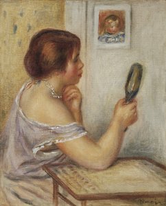 Marie Dupuis sosteniendo un espejo con un retrato de Coco de Pierre Auguste Renoir