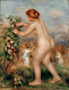 Oda a las flores. Mujer desnuda recogiendo rosas de un rosal