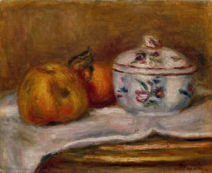 Azucarera, Manzana y Naranja (óleo sobre lienzo) de Pierre Auguste Renoir