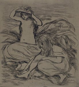 Two Women Bathing, c.1895 (aguafuerte sobre papel de estraza) de Pierre Auguste Renoir