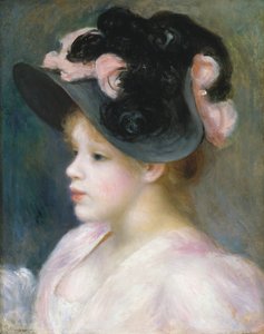 Joven con sombrero rosa y negro de Pierre Auguste Renoir