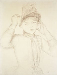 Joven mujer arreglando su sombrero; Jeune Fille Arrangeant son Chapeau, c.1885