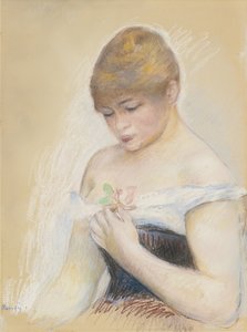 Joven mujer sosteniendo una flor. Retrato de la actriz Jeanne Samary, c. 1880