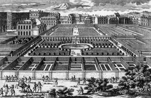 Vista del jardín de la cocina en Versalles en la época de Luis XIV, grabado por Aveline