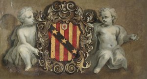 Dos putti sosteniendo un cartucho con los brazos de Elton de Pierre Berchet
