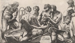 Ocho sátiros y sátiresas terminando una comida, 1607-61 de Pierre Biard