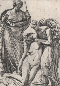 Estudio apoyando la personificación desmayada de la Escultura, de pie junto a ellos, Fran..., 1607-61 de Pierre Biard