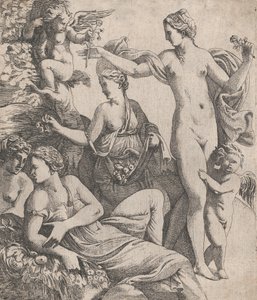 Venus, de pie con las tres Gracias, recibe una flor de un putto, 1607-61 de Pierre Biard