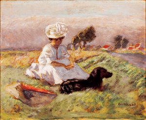 Madame Bonnard - La esposa del pintor está sentada en el sofá con su perro. Pintura de Pierre Bonnard de Pierre Bonnard