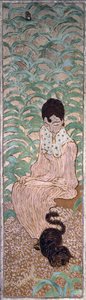 Mujer sentada con un gato, uno de los cuatro paneles de Mujeres en el jardín, 1891 de Pierre Bonnard