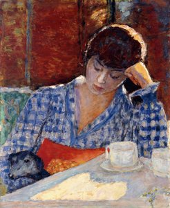 Mujer apoyada en su codo con un perro y una naturaleza muerta de Pierre Bonnard