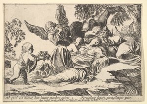 Ángeles dando fruta a la Sagrada Familia dormida, 1610-42 de Pierre Brebiette