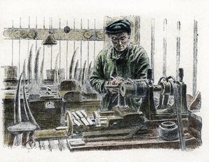 Un marfileño tallando colmillos de elefante en su taller trabajando en las defensas del elefante (Ivory worker carving elephant tusks) Grabado de "Excursion a travers les metiers" de Pierre Calmette Collection privee de Pierre Calmettes