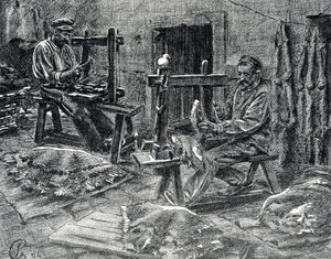Artesanos descarnando las pieles de oveja Grabado de "Excursion a travers les metiers" de Pierre Calmette Colección particular de Pierre Calmettes