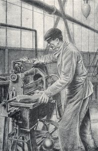 Corte de culatas de fusil en una fábrica de armas Grabado de Pierre Calmette Colección particular de Pierre Calmettes